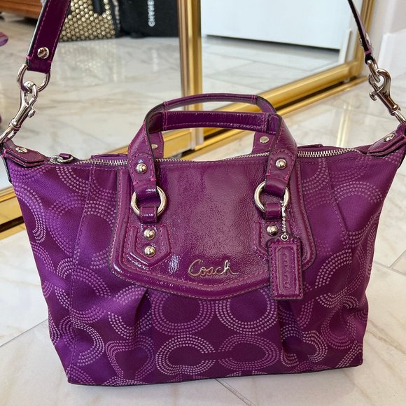 Coach Handbags - Coach Dotted OP Art Ashley Satchel Bag Purple pink cranberry silver hardware zip